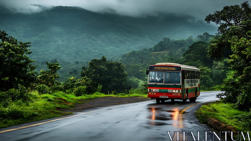 Bus travels on wet mountain road through dense green hills