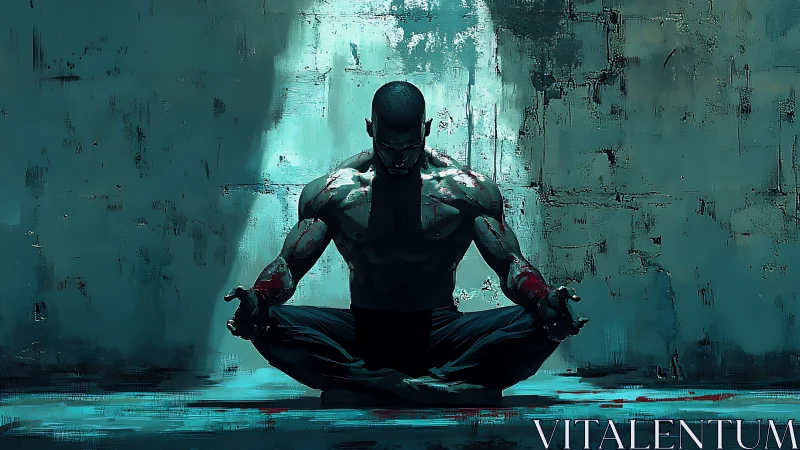 Calm warrior at rest in glowing teal urban stillness.