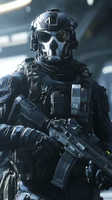 Heavily armed futuristic soldier in skull mask armor.