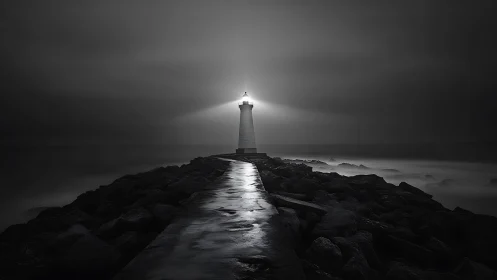 Monochrome lighthouse beam on wet jetty in long exposure night.