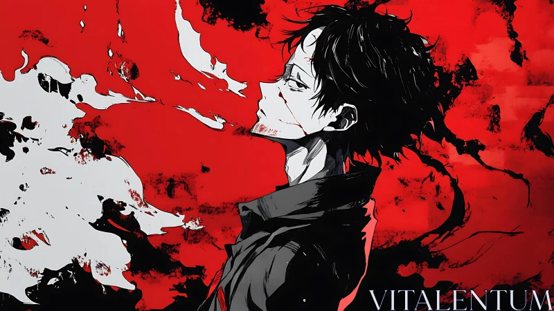 Expressionist anime portrait with high-contrast red field.