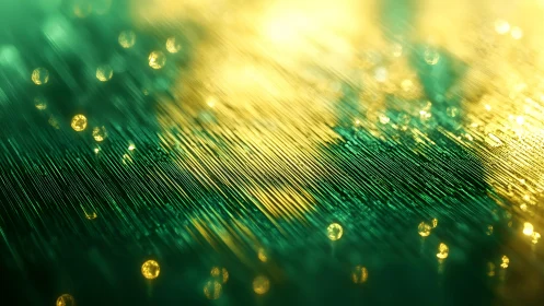 Abstract green and gold bokeh with linear texture and light effects.
