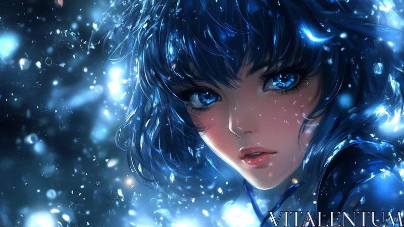 Iridescent blue haired anime heroine amid crystalline light field