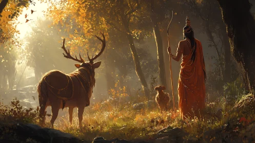 Human figure and stag stand in golden backlit forest clearing