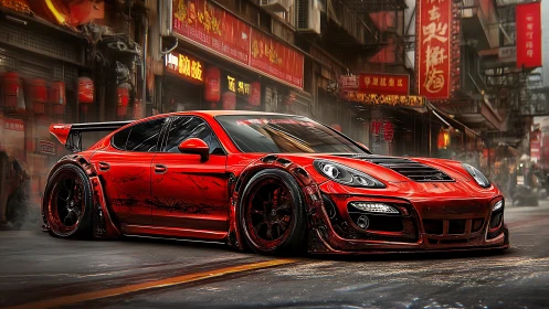 Widebody red sports car is rendered in dense urban street