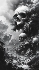 Monochrome skull cliffs overlook a turbulent spectral river