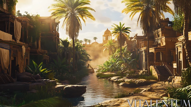 Sunlit desert canal through ancient palm-lined cityscape.