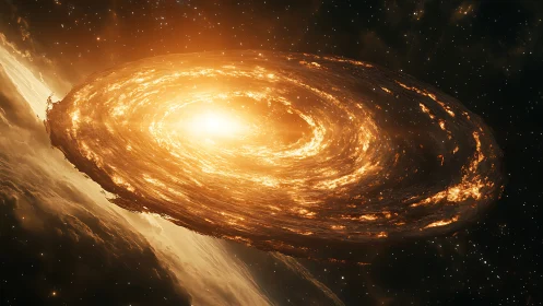 Blazing galactic vortex swirls above clouded planetary horizon