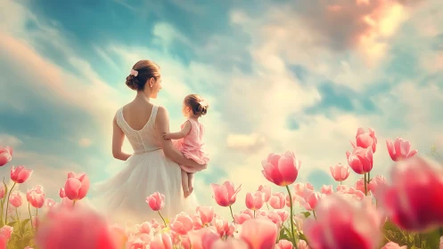 Woman and child stand among pink tulips beneath bright sky