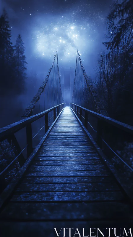 Nocturnal suspension bridge converging into stellar aperture.