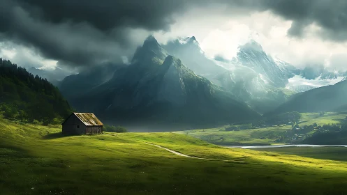 Solitary valley cabin listens to storm-crowned mountain giants