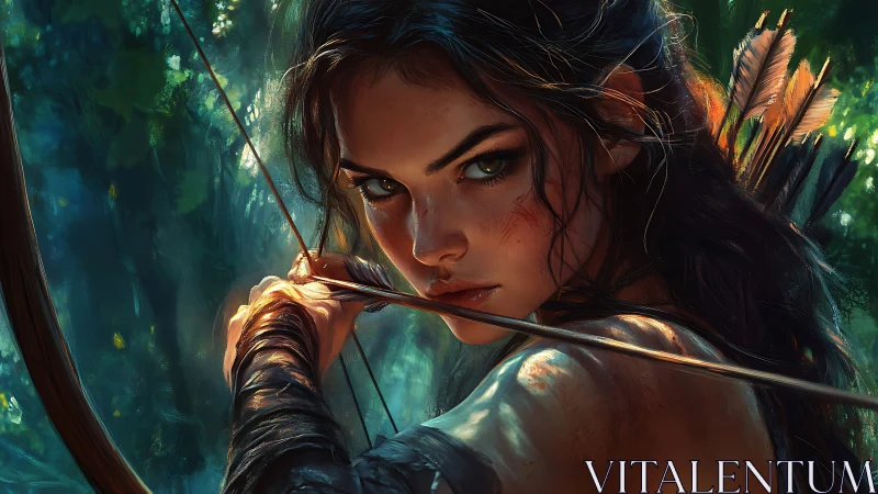 Fierce forest archer drawing her bow with quiet resolve.