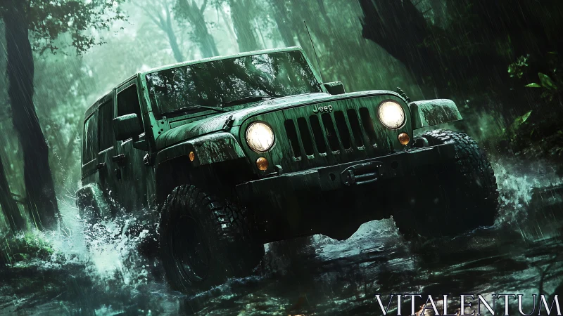 Jeep off road in dense rainforest storm floodwater.