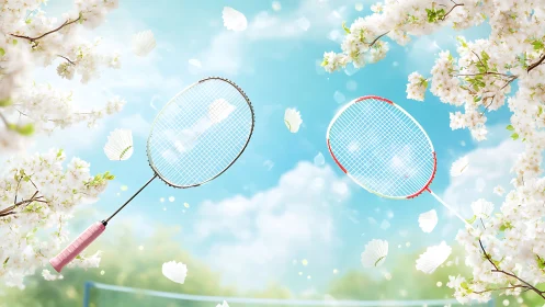 Badminton rackets and shuttlecocks among flowering branches.