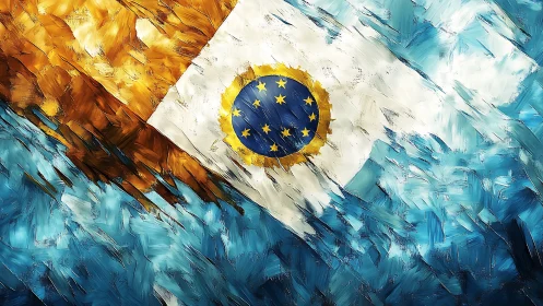 Brushstroke storm over abstract blue and gold banner flag.