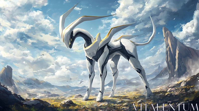 Majestic celestial creature roaming a sunlit mountain valley.