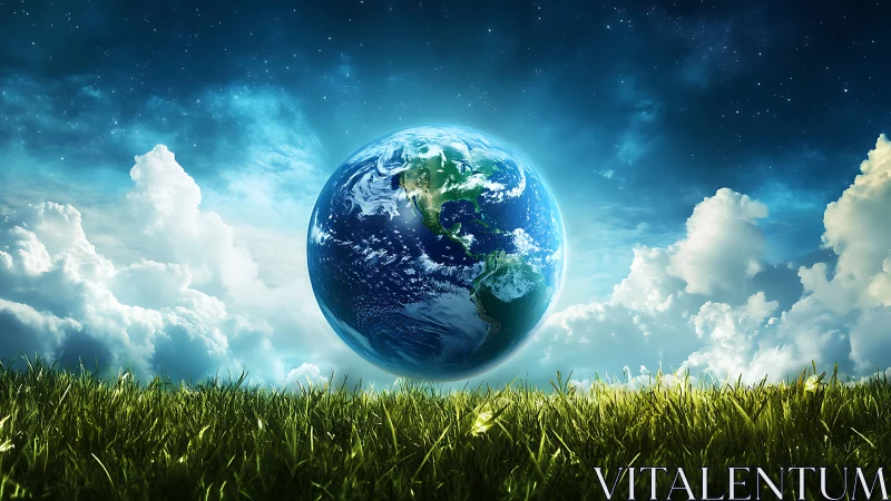 Digital rendering shows Earth hovering above grassy terrain