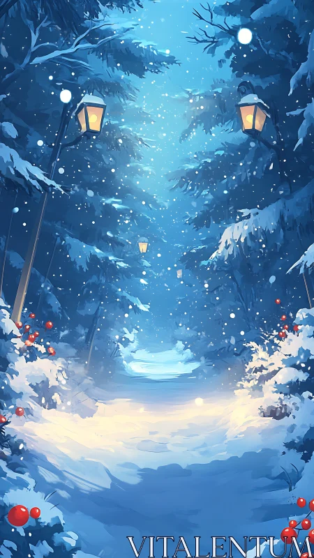Lamp-lit snowfall hushes a midnight forest into bright calm