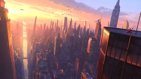Sunset-lit stylized Manhattan skyline with superhero rooftop lookout