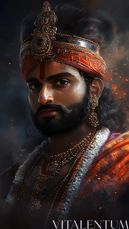 Ember-crowned warrior king in jeweled garlands and shadows.