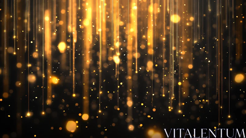 Golden light streaks and glowing bokeh on dark background, abstract digital art.