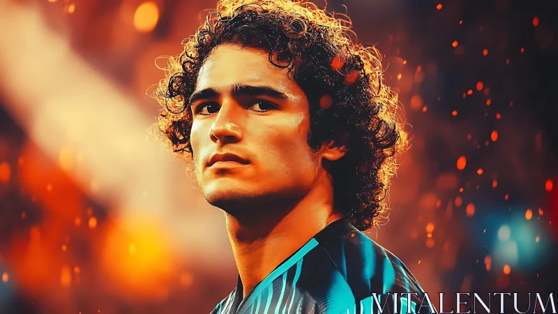 Curly haired athlete stares upward under vivid stadium glow