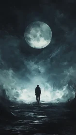 Solitary figure walks under full moon through misted void