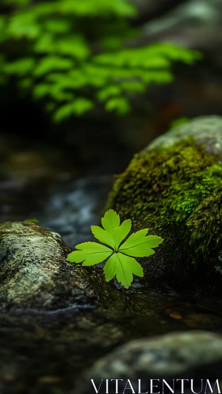 Green leaf resting on wet stream rocks in shaded forest.