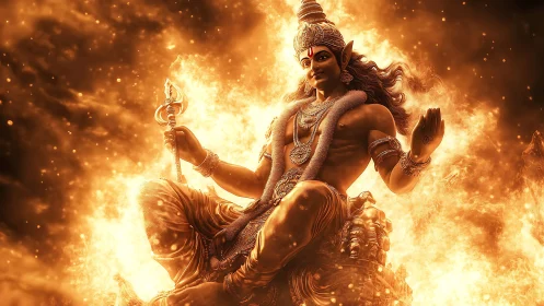 Mythic fire deity seated in radiant inferno, golden spectral aura