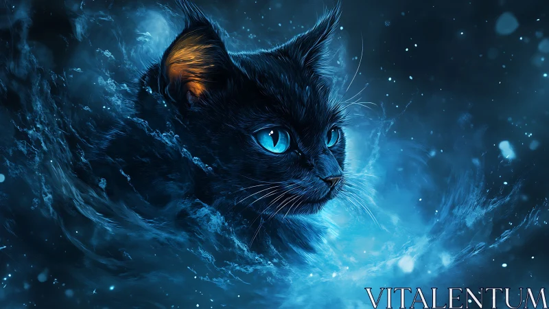 Sapphire Feline Emerges Through Luminous Cosmic Tempest