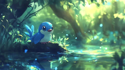 Blue Water Bird in Luminescent Forest Stream.