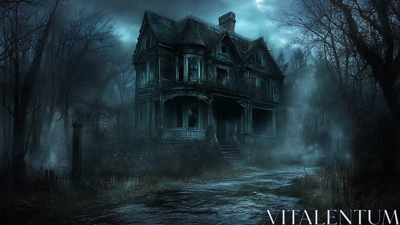 Gothic haunted mansion in stormy moonlit forest landscape.