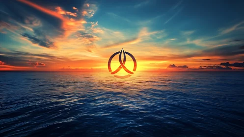 Abstract emblem over open ocean at vivid sunset horizon.
