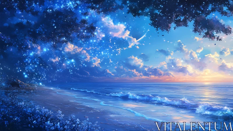 Dreamlike starlit shoreline merges dawn sky and cosmic surf.