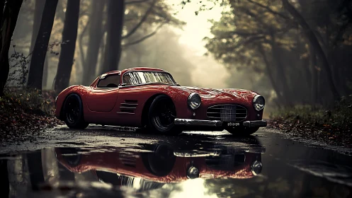 Vintage red sports car glows against a misty forest road