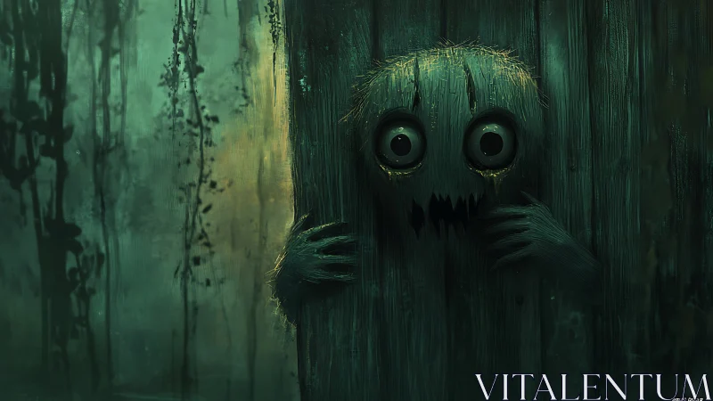 Wooden-eyed swamp creature peering from rotted planks.