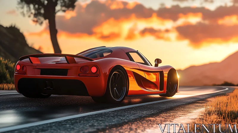 Aerodynamic red supercar rendered on a sunlit mountain road