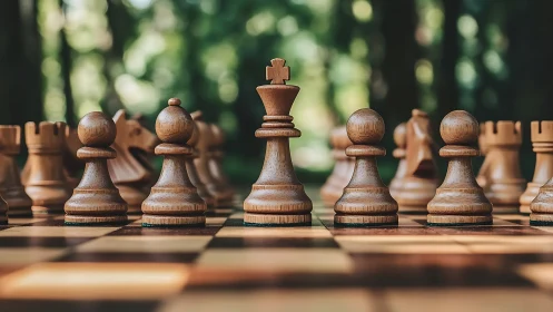 Wooden chess king and pawns aligned on outdoor board.