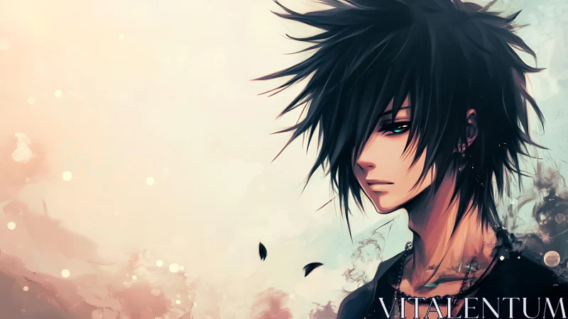 Brooding teal-eyed anime boy in soft pastel haze.