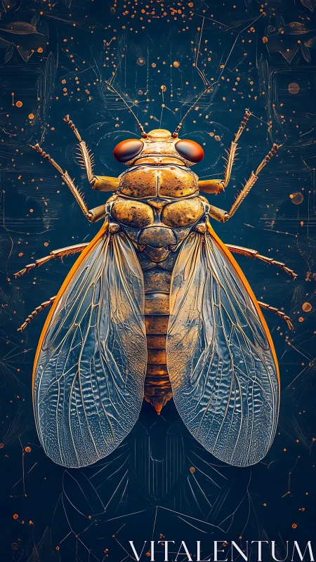 Macro insect portrait with luminous amber wings, teal field