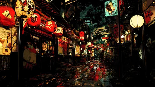 Rain-wet lantern alley with illuminated shopfront facades.