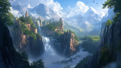 Waterfall kingdom nestles in a sunlit mountain valley