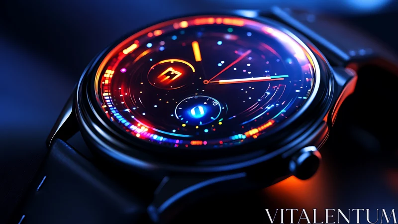 Neon-luminous chronograph dial with orbital interface geometry.