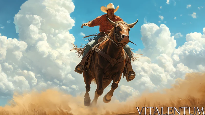 Cowboy in mid-gallop on brown horse under towering cumulus sky