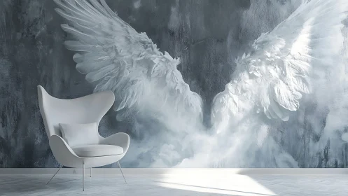 White wing mural with modern lounge chair in gray room.