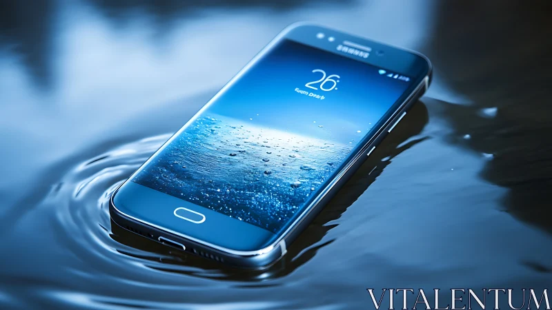 Water resistant smartphone floating on reflective surface.