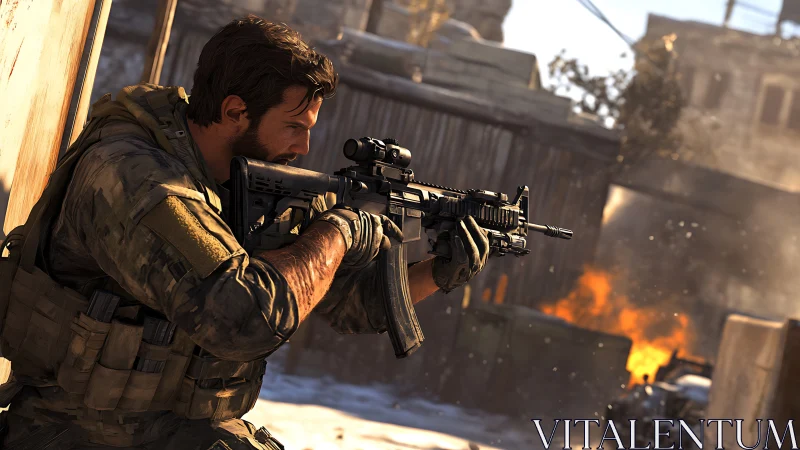 Tactical soldier aims rifle amid burning urban combat zone