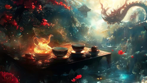 Glowing teapot illuminates mystical tea table before dragon