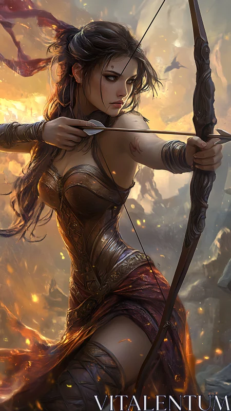 Female archer in battle stance holds drawn bow in profile