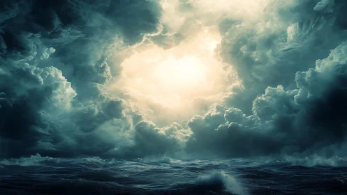 Storm-torn sea kneels beneath a blazing celestial doorway